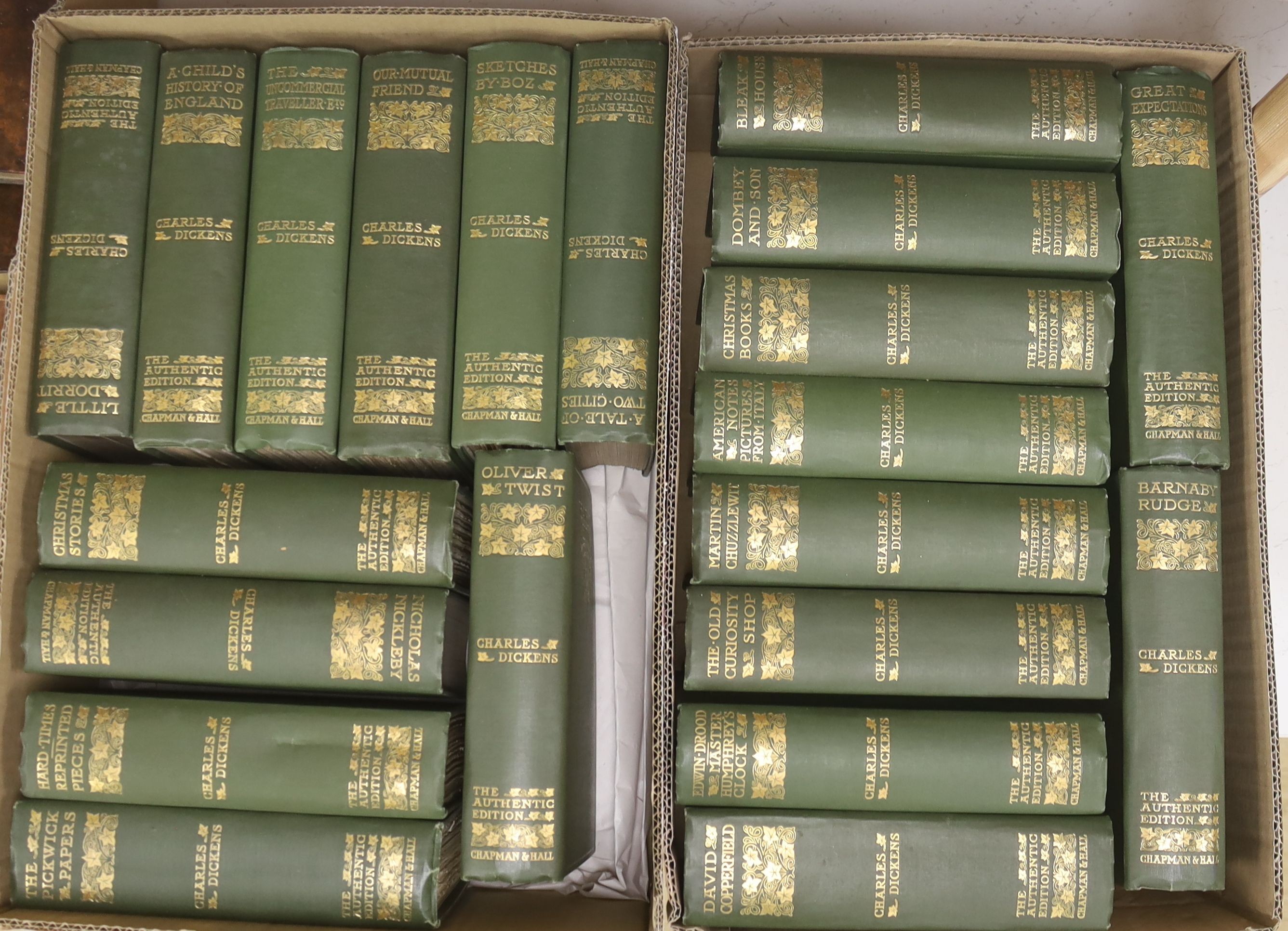 Dickens, Charles - Works, - Authentic Edition, 21 vols, 8vo, green cloth gilt, Chapman and Hall, London, 1901-[06]